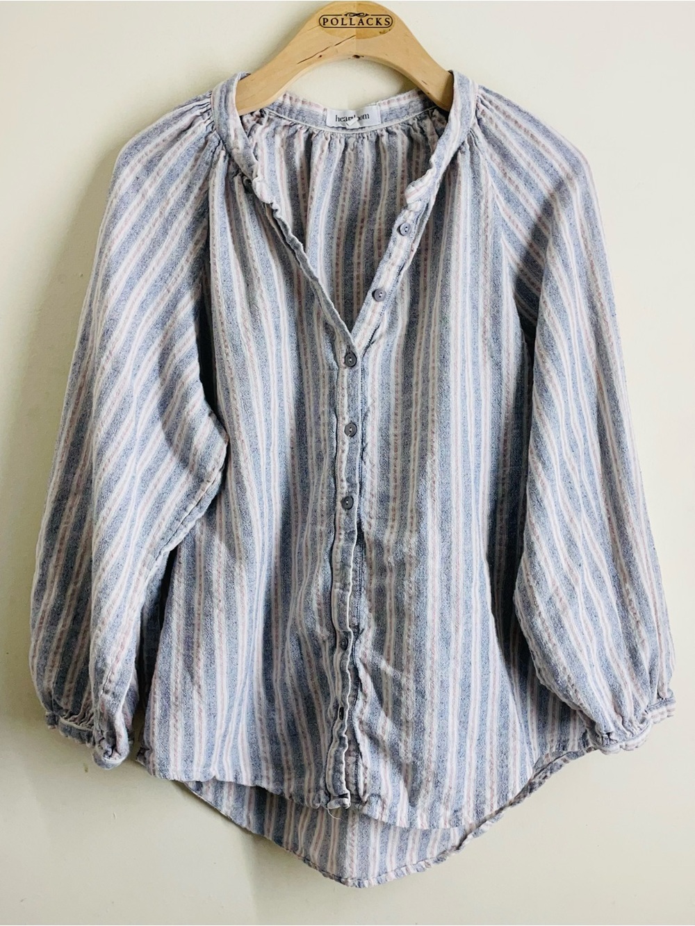 Heartloom Striped Cotton Linen Button Front Blouse Sz L Puff Sleeve Coastal Boho